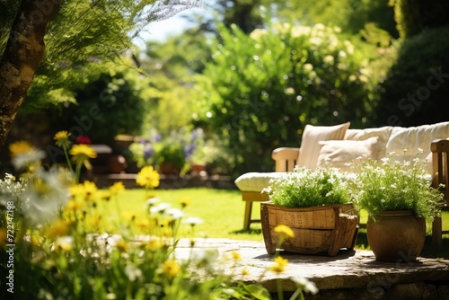 Garden furniture and flowers in the summer. Selective focus.