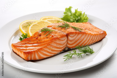 Grilled salmon fillet with dill and lemon on white plate