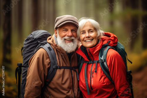 Senior couple hiking in the forest. They are looking at camera and smiling