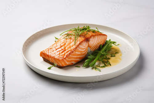 Grilled salmon fillet with dill and lemon on white plate