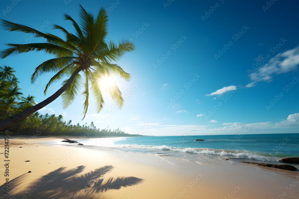 Tropical beach scene with a palm tree on the sandy shore of a tropical island. White sand, sunshine, and a blue sky create a vibrant summer background.