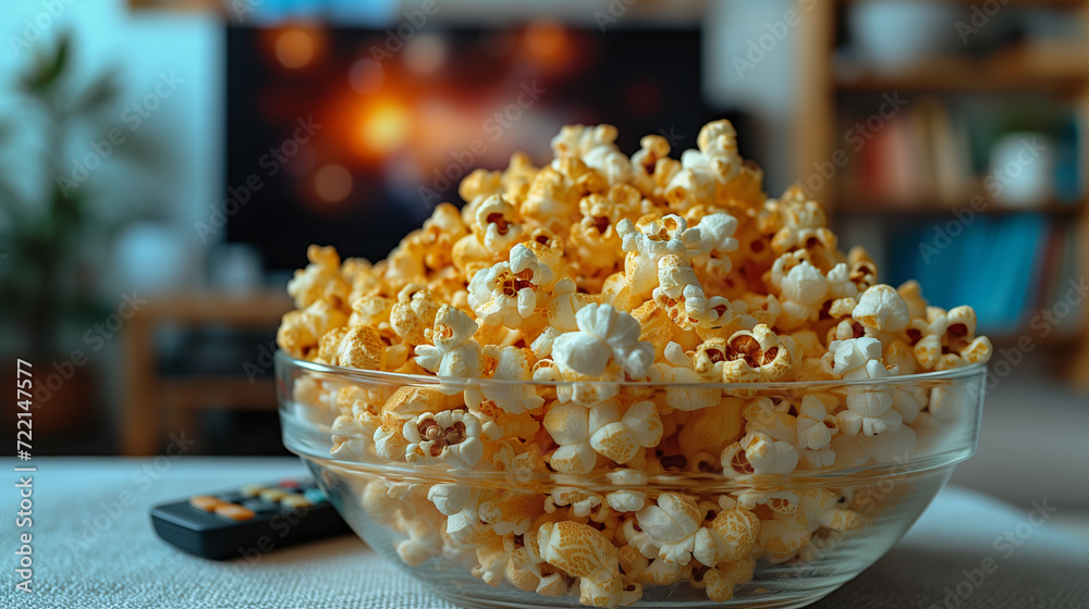 Popcorn in a glass and TV remote control at home. Popcorn in a glass and TV remote control at home.