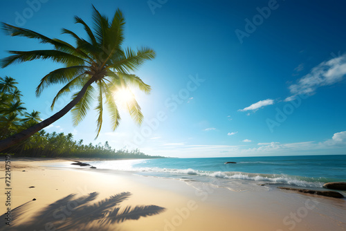 Tropical beach scene with a palm tree on the sandy shore of a tropical island. White sand, sunshine, and a blue sky create a vibrant summer background. © jex