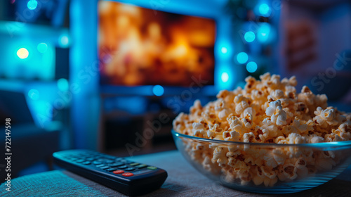 Popcorn in a glass and TV remote control at home.