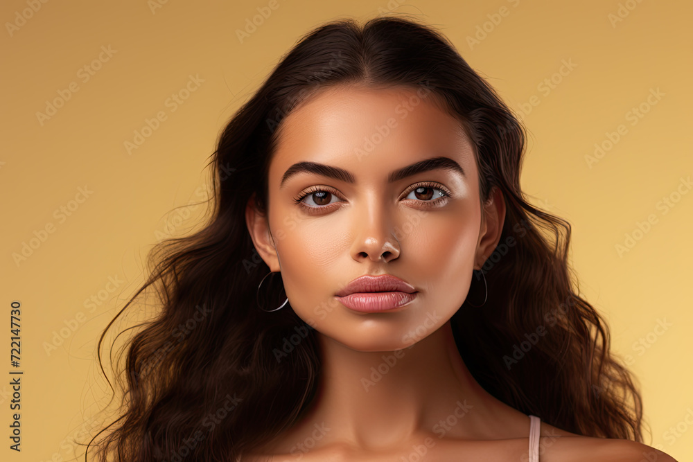 Portrait of a beautiful young woman with long curly hair on a beige background Portrait of a beautiful young woman with long curly hair on a beige background