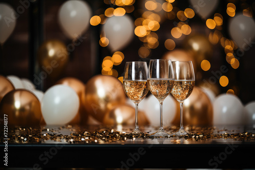 glasses of champagne on a table in a restaurant against the background of a festive bokeh