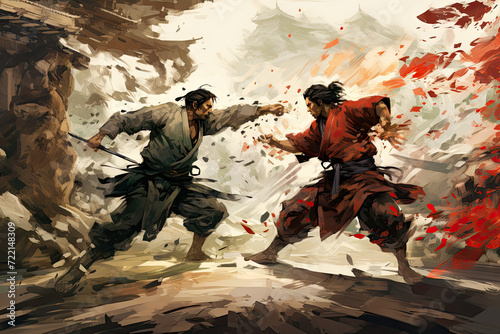Kung fu master fighting with fire in the ancient city photo