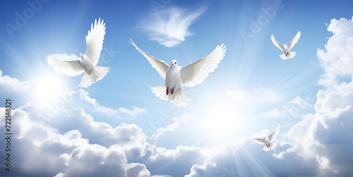 Light sky with white doves as a symbol of peace without war