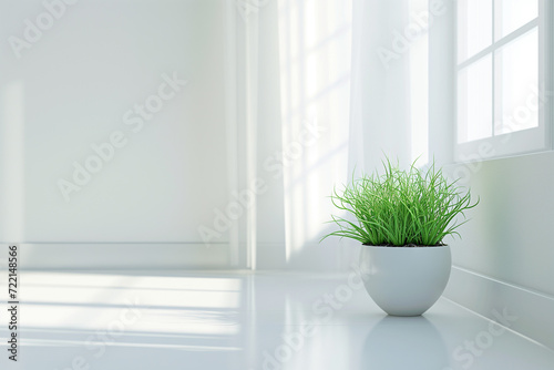 Vaso de grama verde em uma sala branca e vazia