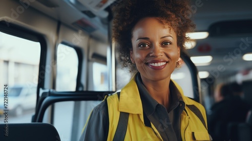 Smiling portrait of a middle age female bus driver working in the city driving buses