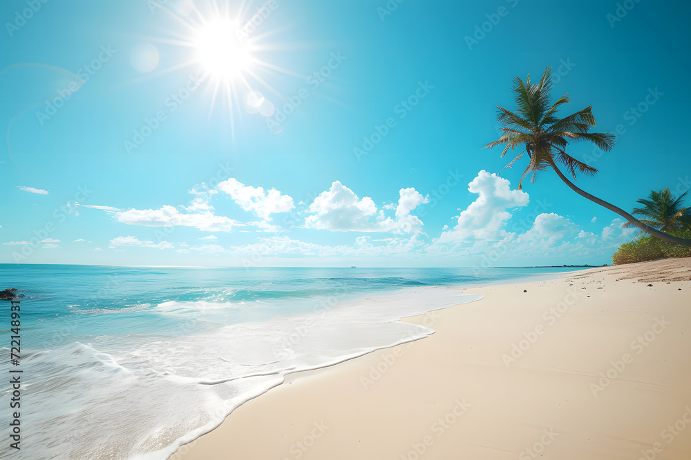 Tropical beach scene with a palm tree on the sandy shore of a tropical island. White sand, sunshine, and a blue sky create a vibrant summer background.
