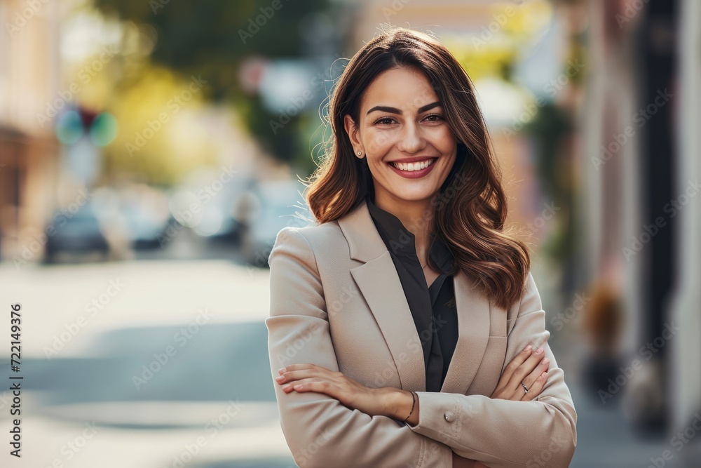 Portrait of a smiling businesswoman standing with arms crossed outdoors. Portrait of a smiling businesswoman standing with arms crossed outdoors.