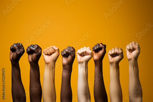 a row of raised fists of diverse women of different skin colors on a yellow background in honor of the fight for women's rights and March 8th photo