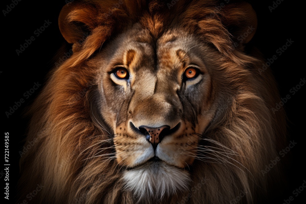 Portrait of a lion on a black background. Close-up.