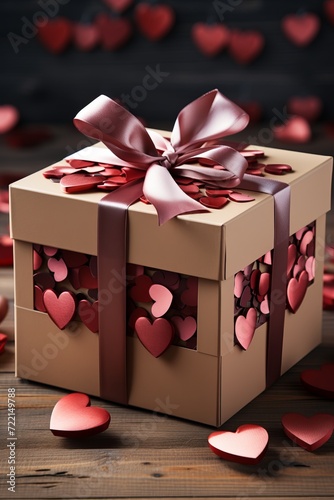 A gift wrapped in a box, adorned with hearts, for valentine s day on February 14th. photo