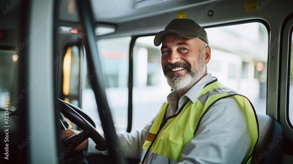 Smiling portrait of a middle age male bus driver working in the city driving buses Smiling portrait of a middle age male bus driver working in the city driving buses