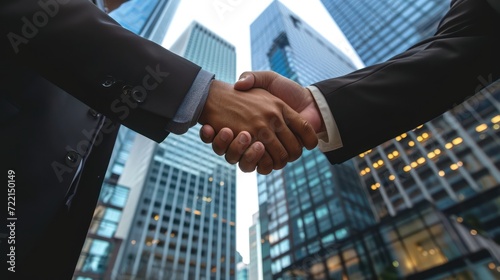 Businessmen making handshake with partner, skyscraper background. Business joint venture concept.