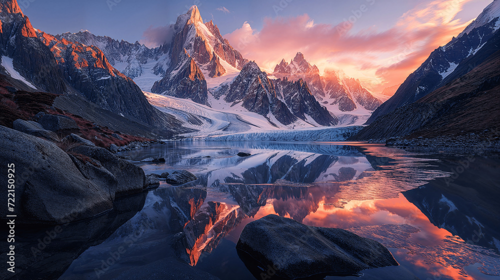 Fiery Sunrise Reflecting on Mountain Glacier Lake - obrazy, fototapety, plakaty 