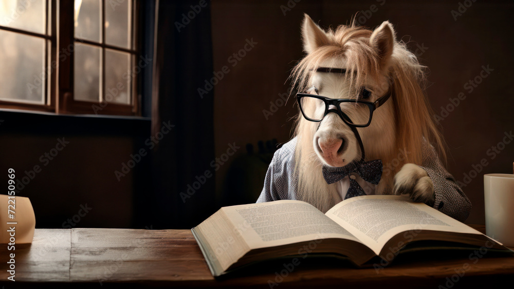 Cute smart cartoon horse in glasses reading book or study with a place for text. Colorful education illustration for children. Back to school concept