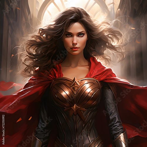 female superhero in a themed costume with a flowing cloak