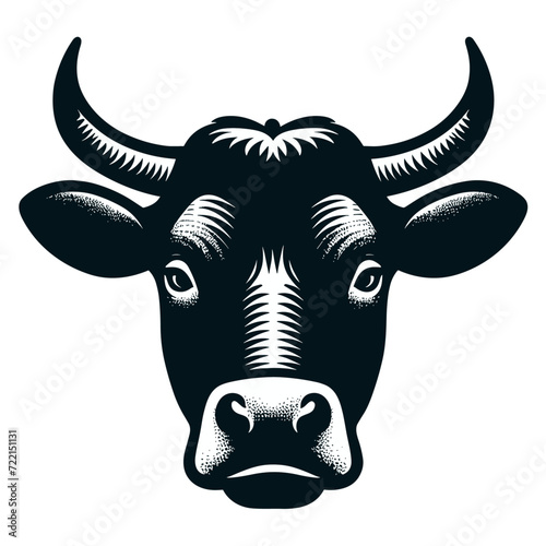 Striking black and white illustration of a cow's head, artfully stylized with detailed linework that captures the serene and robust essence of the animal. This piece combines a modern design approach 