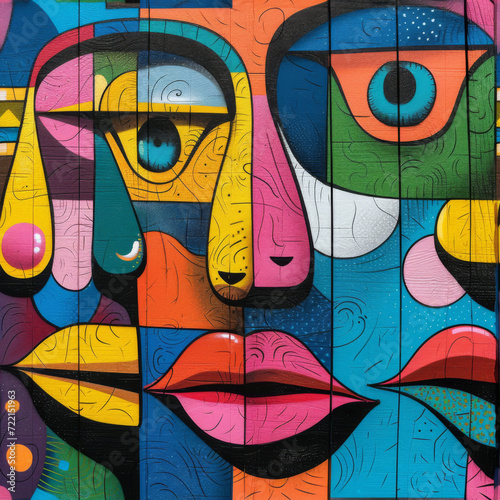 Urban Graffiti muralism digital art in vivid colors, a colorful painting shows colorful faces. Perfect for Wallpapers ,backgrounds, Wall Art, Skateboards , Cards