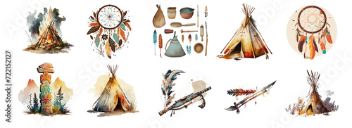 Household items of North American Indians. Watercolor clipart.