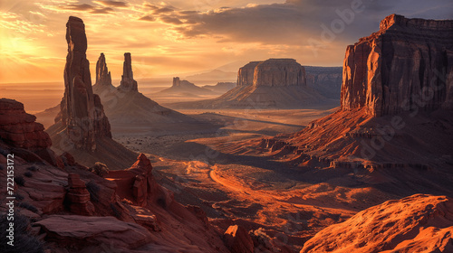 Golden Hour Over Monument Valley's Sandstone Formations