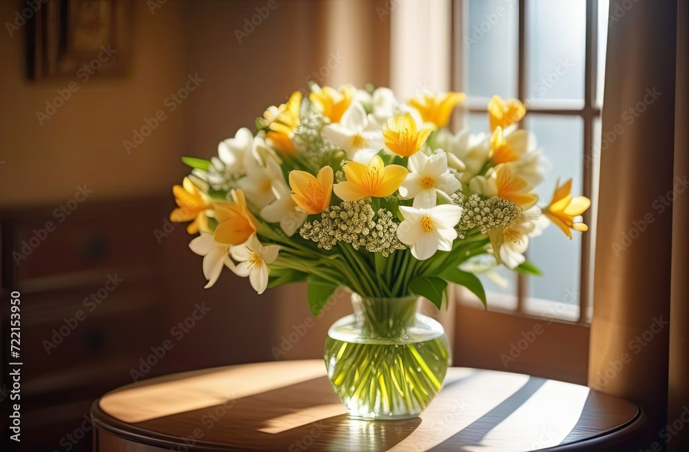 A large bouquet of spring flowers in white and yellow stands on a wooden table in a transparent glass vase, the blurred background of the room, the light from the window on the right