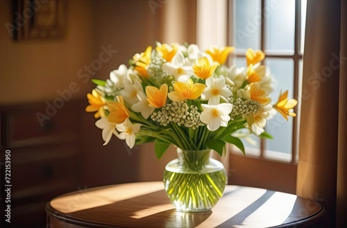 A large bouquet of spring flowers in white and yellow stands on a wooden table in a transparent glass vase, the blurred background of the room, the light from the window on the right