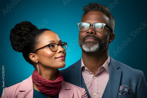 studio portrait of a happy elegant couple wearing glasses