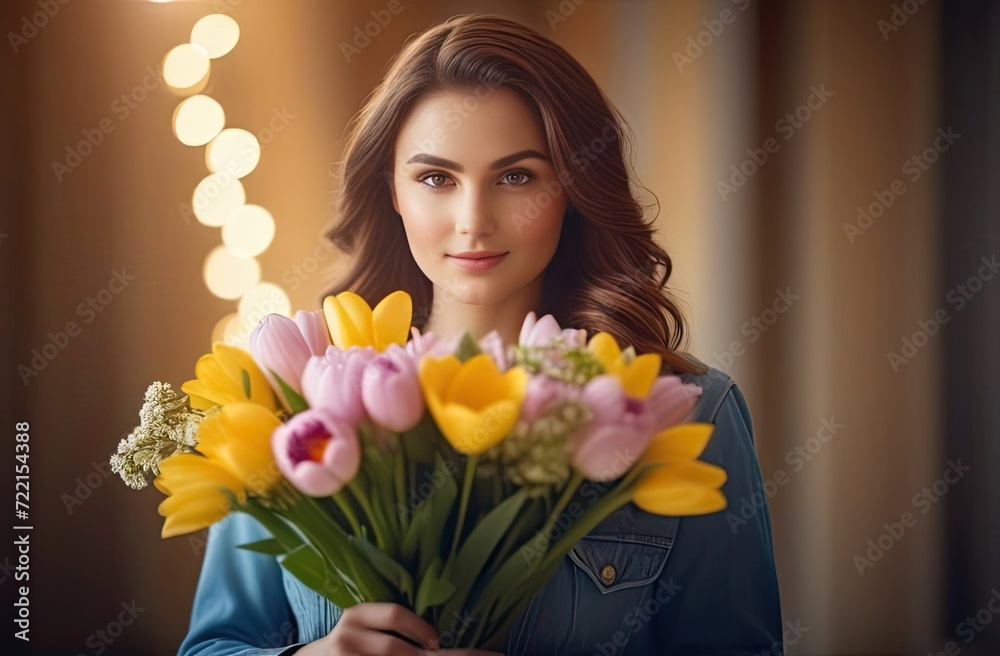 Fototapeta premium A beautiful girl with dark hair holds a bouquet of yellow and pink tulips in her hands, close-up, blurred background of the room with backlight, side view