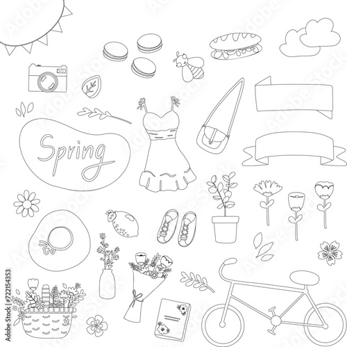 hand drawn vector flat illustration set of monochrome line spring season holiday. Cute elements doodle collection in flat style. for poster, card, invitation, graphic resource, social media, print