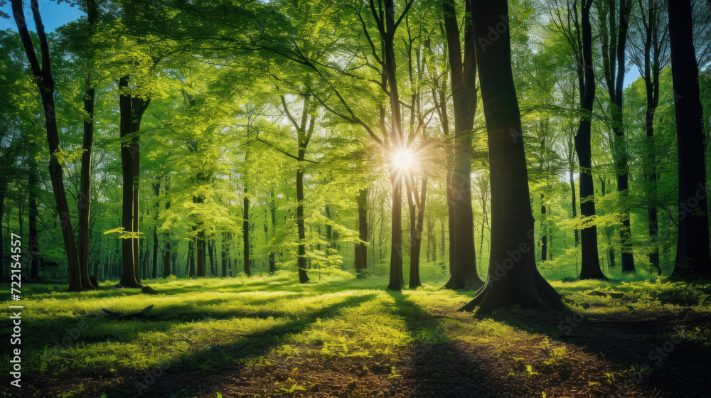 Beautiful forest in spring with bright sun shining through the trees. Beautiful forest in spring with bright sun shining through the trees.