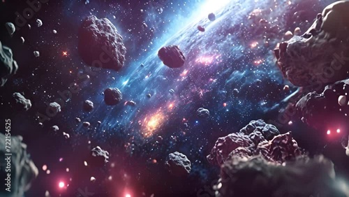 Asteroids in solar system. Beautiful asteroids field, beautiful cinematic flight through dark deep space asteroid field with stars, metorite in sci-fi. Universe moving photo