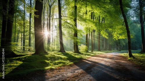Beautiful forest in spring with bright sun shining through the trees. © Santy Hong