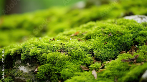 Beautiful green moss on the ground stone in forest, moss texture, moss abstract background.