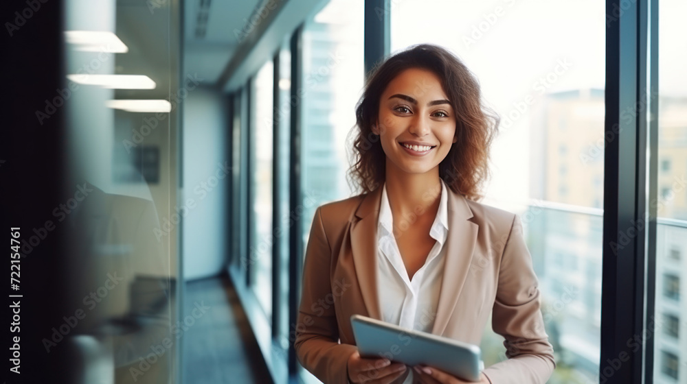 Young happy businesswoman using digital tablet while standing by the window in the office and looking at camera. Copy space. Young happy businesswoman using digital tablet while standing by the window in the office and looking at camera. Copy space.