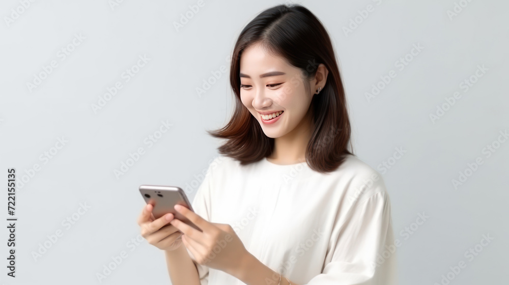 Pretty young asian woman using smartphone standing on isolated white background. Excited Beautiful young asian shopping online payment with mobile phone. Playing game on smartphone. Pretty young asian woman using smartphone standing on isolated white background. Excited Beautiful young asian shopping online payment with mobile phone. Playing game on smartphone.