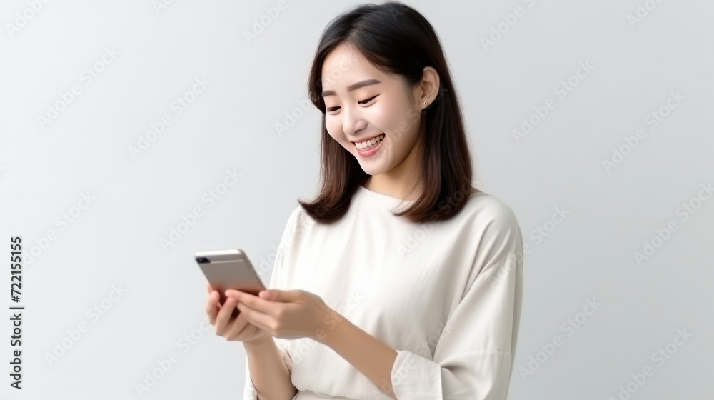 Pretty young asian woman using smartphone standing on isolated white background. Excited Beautiful young asian shopping online payment with mobile phone. Playing game on smartphone. Pretty young asian woman using smartphone standing on isolated white background. Excited Beautiful young asian shopping online payment with mobile phone. Playing game on smartphone.