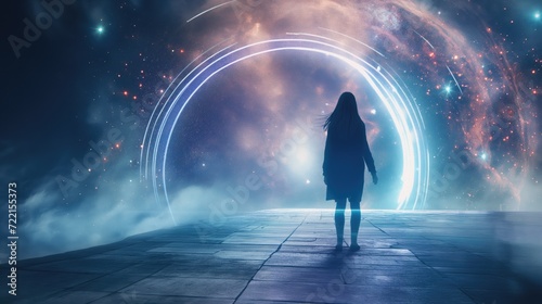 Woman Walking Through Metaverse Portal