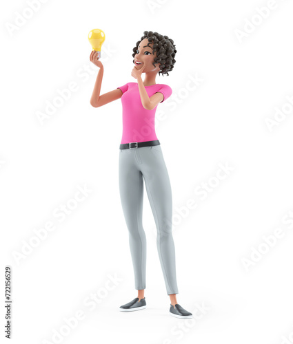 3d beautiful woman looking at light bulb