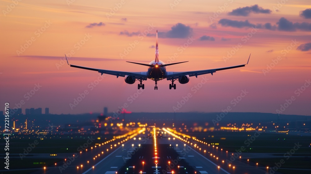 Airplane Taking Off at Dusk with City Lights and Runway Illumination
