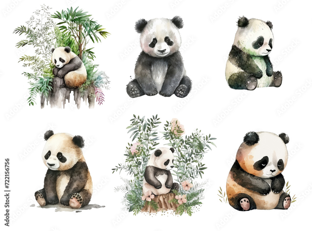 Obraz premium Cute panda. Watercolor clipart on a white white background.