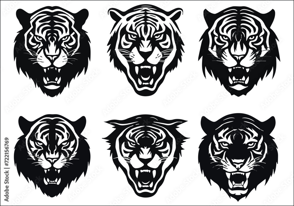 Vector tiger head, Silhouette of tiger head, Tiger face in a black and white, Tiger head silhouette Vector tiger head, Silhouette of tiger head, Tiger face in a black and white, Tiger head silhouette