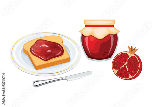 Toasted bread with pomegranate jam vector illustration. Toast on a plate and pomegranate jam breakfast still life vector. Jam jar with pomegranate fruit and slice of bread icon set on white background