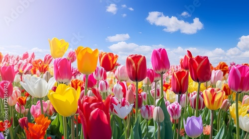 A field of tulips in full bloom, creating a vibrant and colorful floral landscape