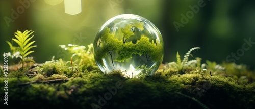 A clear crystal ball with plants inside. Surrounded by small plants  moss  and grass  it looked like a small  green world