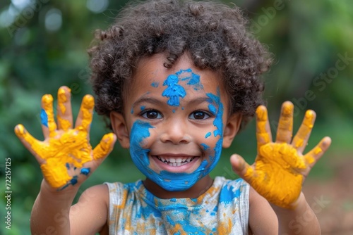 happy black kid with painted hands, playing, fun