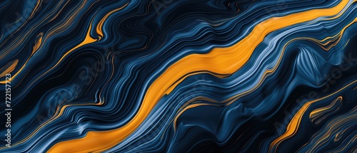 Blue and yellow waves in progression on a dark gray background. Abstract background or screensaver for a 34-inch ultrawide monitor. AI generative.